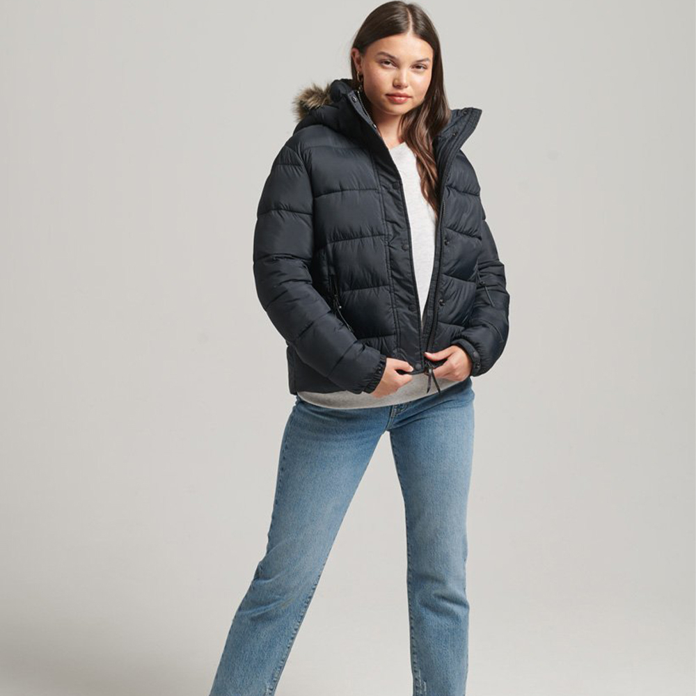 【Superdry】女裝 防風外套 保暖 短版Hooded Mid Layer 黑