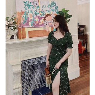 二手全新 開叉 碎花洋裝 連衣裙 方領洋裝 旗袍修身顯瘦中長款復古墨綠色裙子