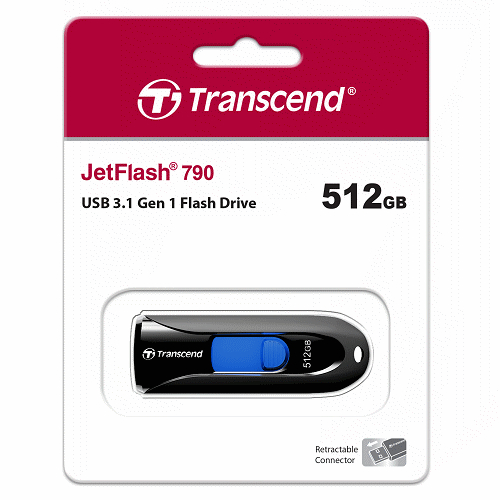 TRANSCEND 創見 JetFlash 790 隨身碟 512G USB 3.1 Gen1 無蓋設計 吊飾孔 黑