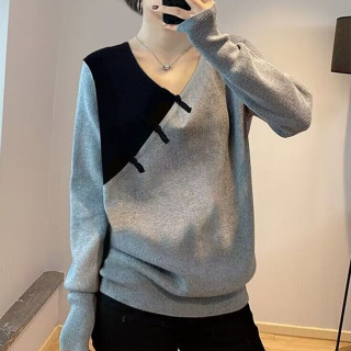 胖胖美依 秋冬上衣 長袖針織衫 長袖毛衣 V領上衣旗袍領打底衫上衣灰色上衣ME054.6368