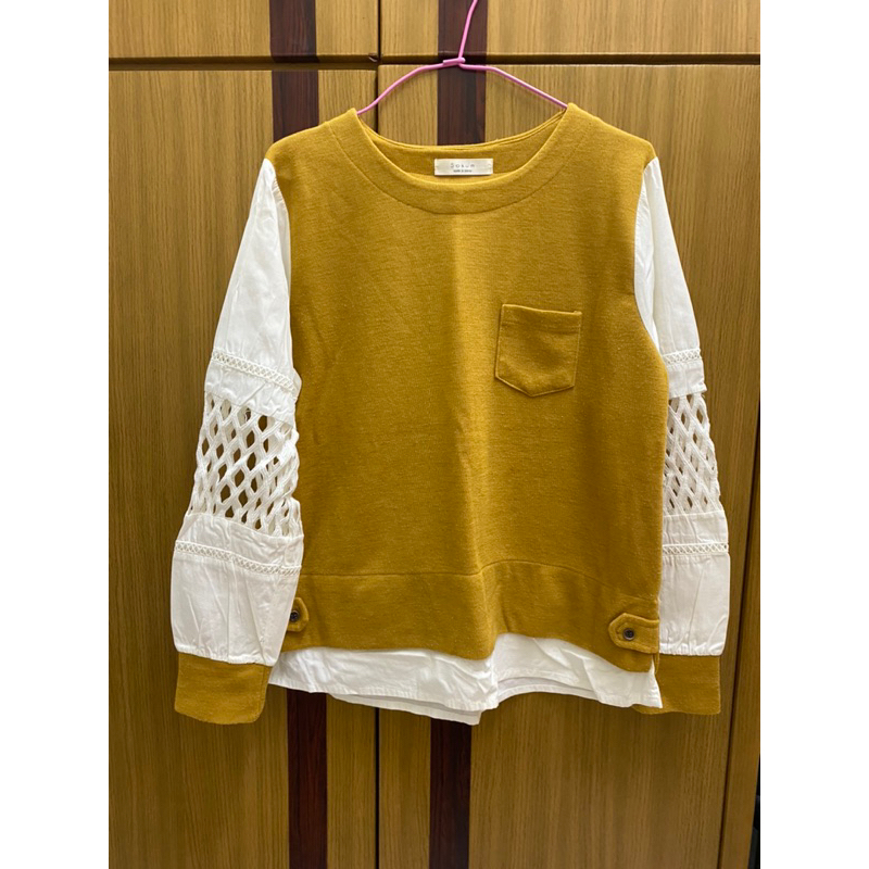 韓國 設計款緹花長袖上衣 芥末黃 原價1600購入 二手