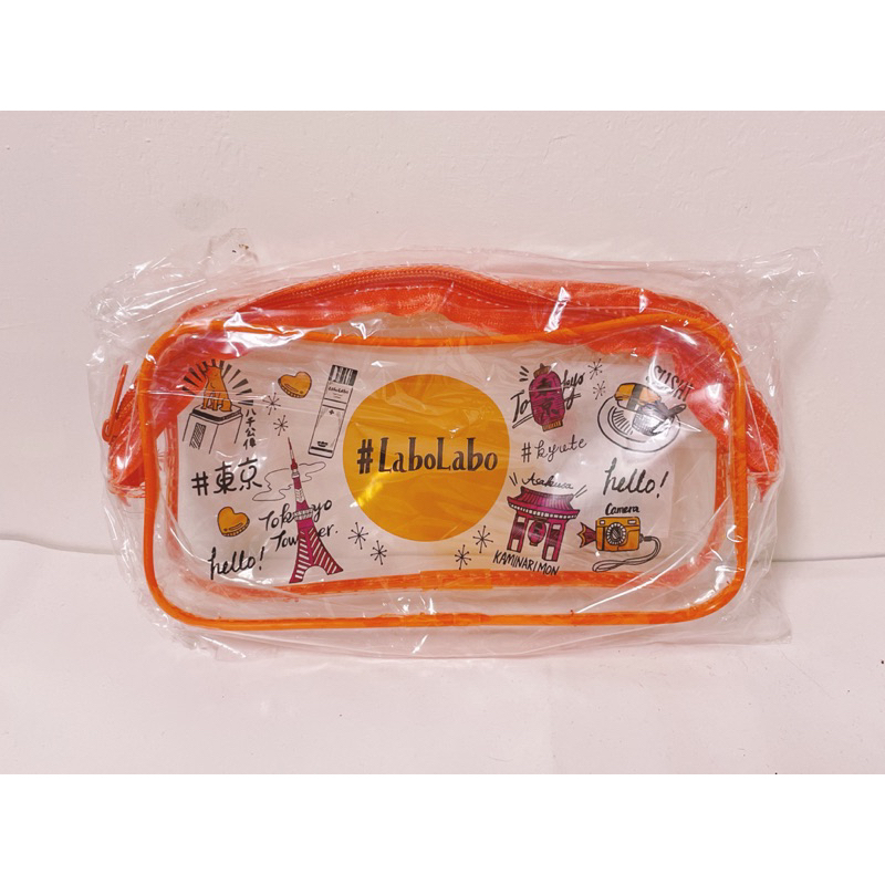 全新現貨 - Labo Labo 東京 限定款 手繪 圖樣 化妝 包 收納 包 美妝 包 透明 橘色 防水 塑膠