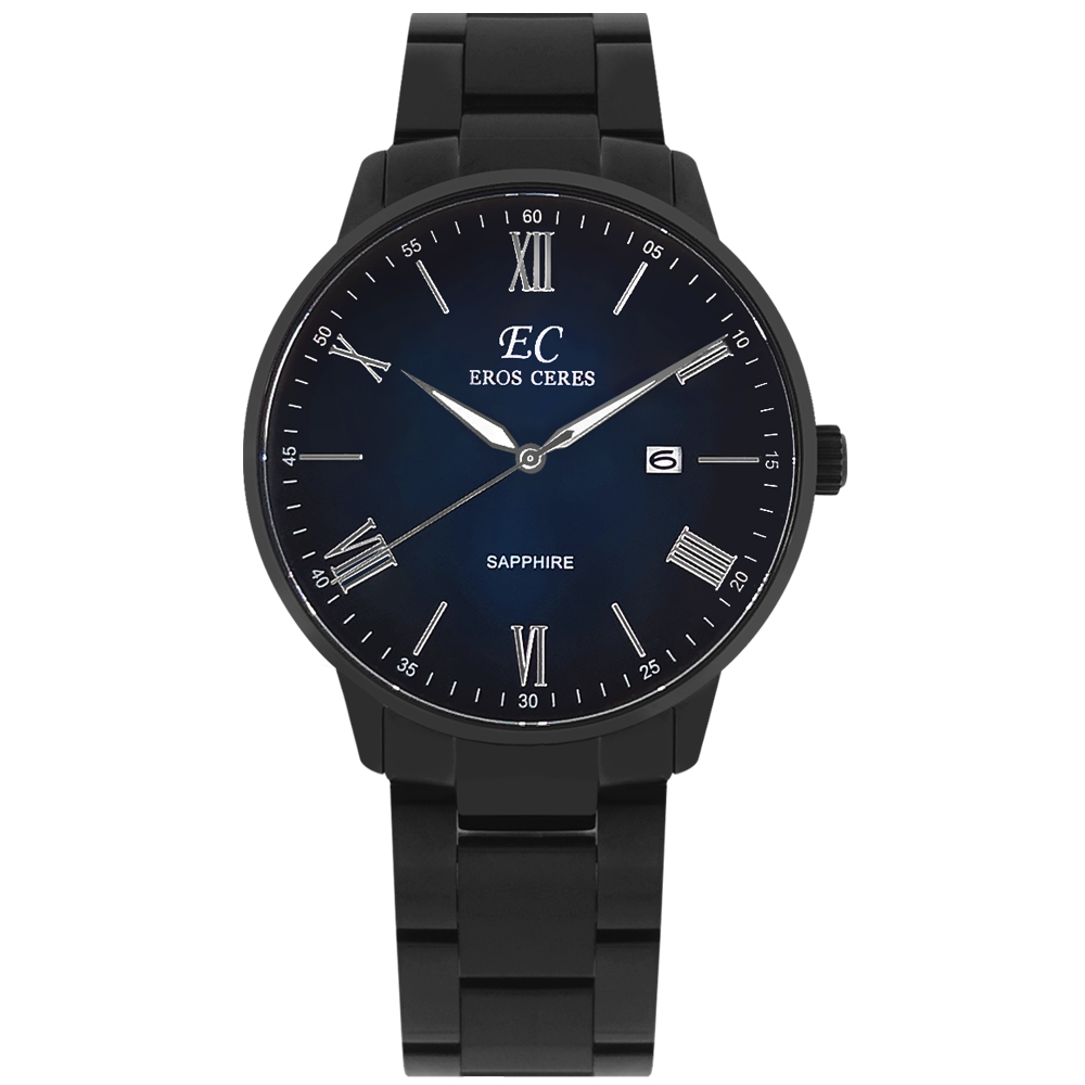 EROS CERES / 簡約時尚 羅馬刻度 日期 不鏽鋼手錶 藍x鍍黑 / GQ34328BK-BBK / 43mm