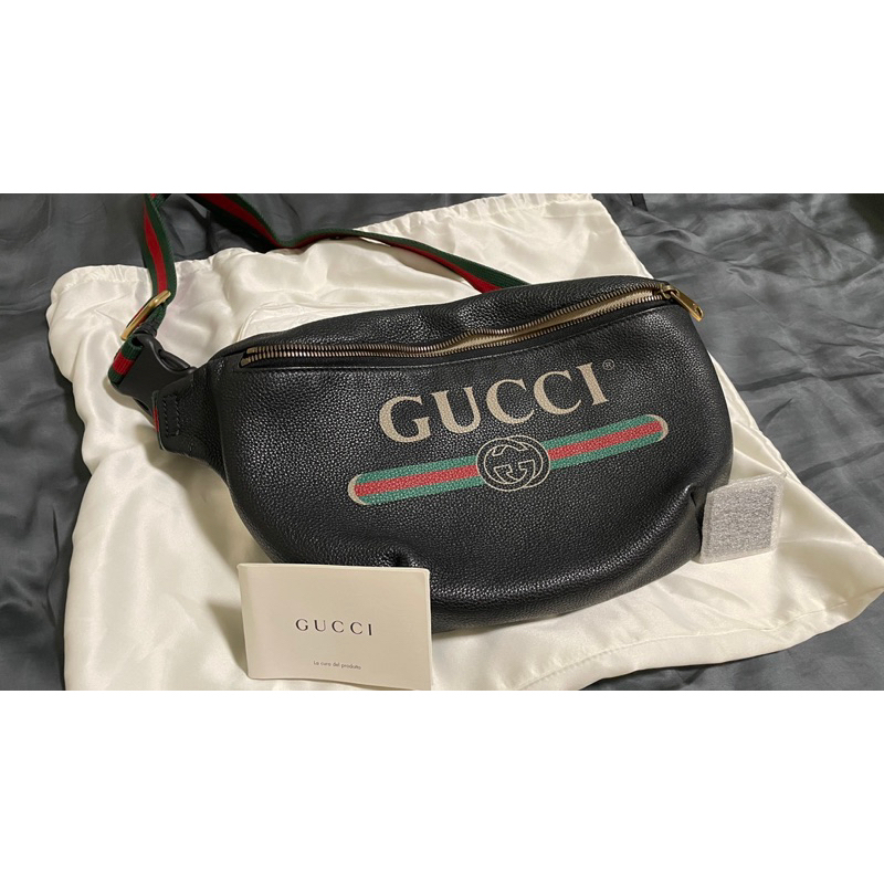 GUCCI 復古風格的圖案小牛皮織帶腰包/斜背包 90CM(大款-黑)