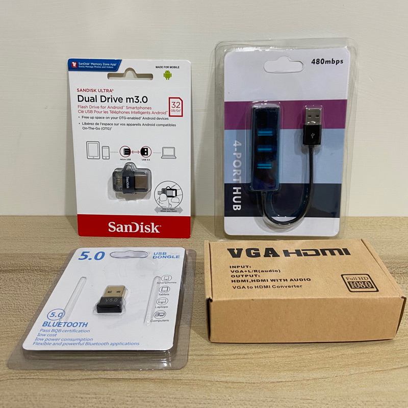 5.0 USB藍牙接收器、USB2.0 4-PORT HUB集線器、SANDISK ULTRA隨身碟、VGA HDMI