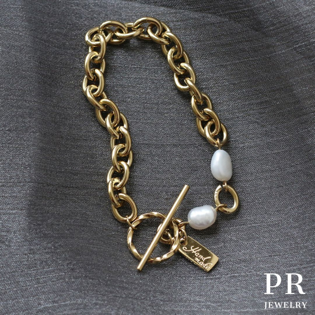 現貨 淡水天然珍珠OT 粗鈦鋼手鍊 歐美時尚 PR飾品