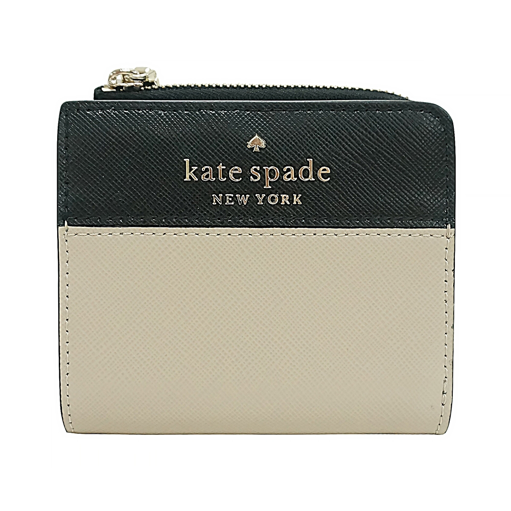 Kate Spade STACI金字LOGO防刮牛皮拼色設計6卡釦式拉鍊短夾(米x黑)