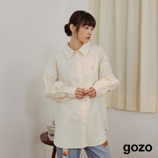 【gozo】泡芙造型袖擴型襯衫(米色/藍色_F) | 純棉 顯瘦 百搭