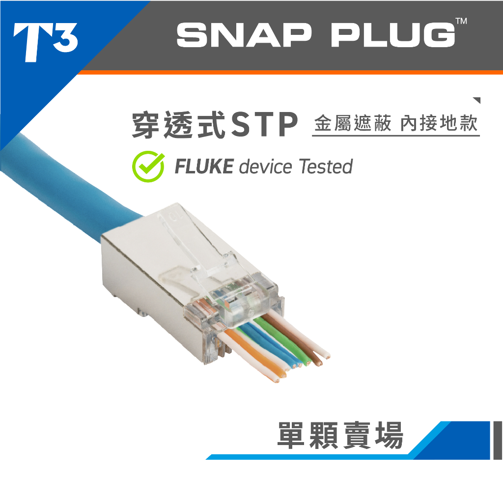 【★ 美國 T3 】 水晶頭 穿透 金屬 遮蔽 CAT5e CAT6 6A STP 鍍鎳 銅殼 內接地 網路線