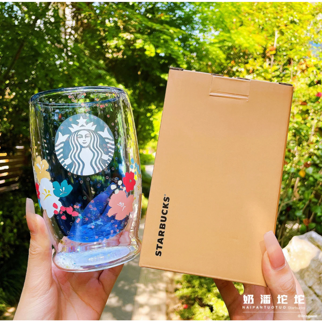 Starbucks官方正品！星巴克杯子2023夏日繁花355ml清新花香款雙層玻璃杯咖啡杯果汁珍奶茶奶昔茶水杯