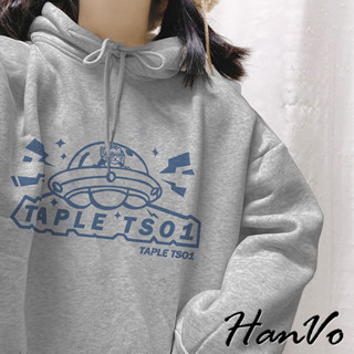 【HanVo】貓貓飛碟加絨加厚帽T 保暖系列連帽寬鬆休閒上衣 韓系女裝 女生衣著 A02-1923