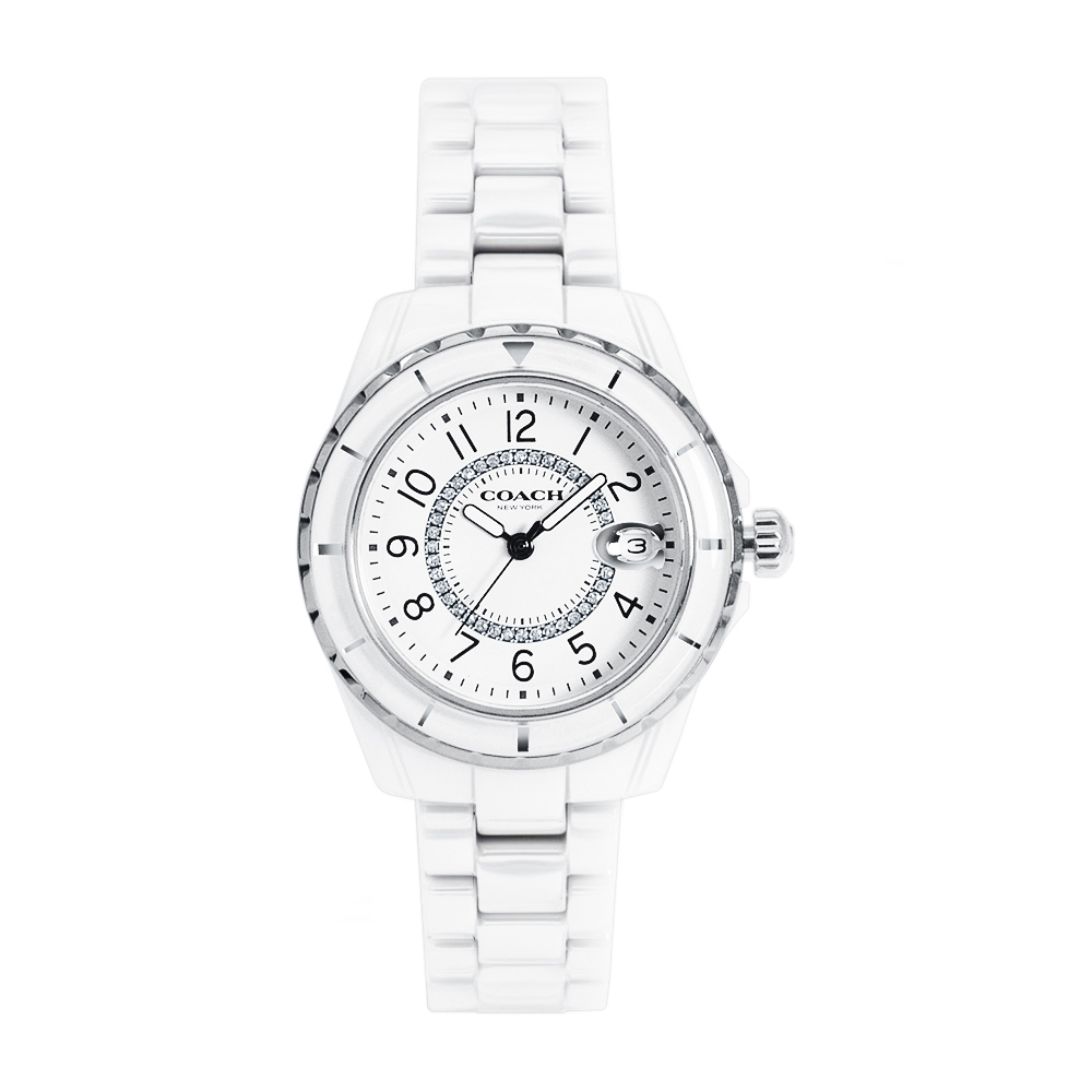 COACH | 小香風水鑽數字刻度陶瓷腕錶/女錶 - 白 CO14503462
