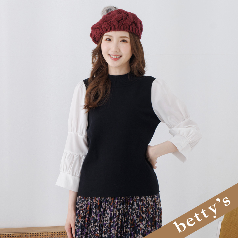 betty’s貝蒂思(25)高領拼接泡泡袖針織上衣(黑色)