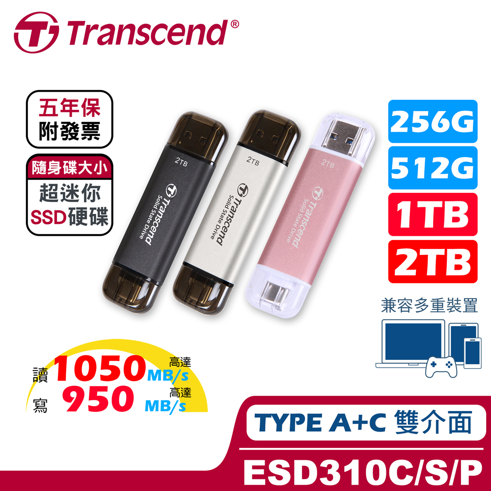 Transcend 創見  ESD310 1T 2T 高速SSD 支援iPhone 15 手機&lt;--&gt;電腦 超高速資料備