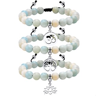 《 QBOX 》FASHION 飾品【GBR-1297S】精緻個性天然石串珠蓮花/生命之樹鈦鋼伸縮繩手鍊/手環