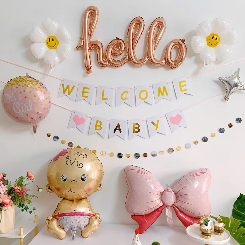 👑現貨【welcome baby派對裝飾】 heello 嬰兒 歡迎寶貝 派對佈置  氣球佈置 拉旗嬰兒氣球 性別派對