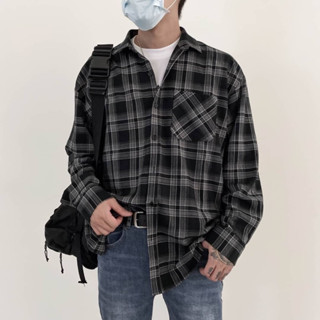 【JES】韓國 日系 親膚 舒適 質感 千鳥格 格紋 格子 寬鬆 百搭 潮流 情侶 長袖 翻領 長袖襯衫 襯衫