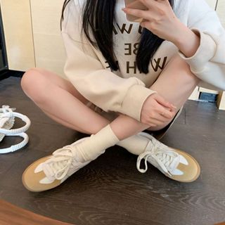 真皮厚底拼色休閒運動鞋板鞋女德訓鞋