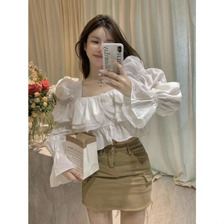 😋NS Style😋 是仙女吧 方領荷葉邊篷袖上衣 娃娃衫 長袖襯衫 短版