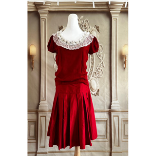💚二手💚涼針織紅色公主袖蕾絲珍珠領甜美氣質短袖上衣