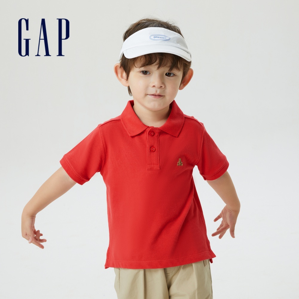 Gap 男幼童裝 Logo小熊刺繡短袖POLO衫-紅色(595239)
