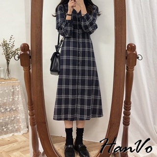 【HanVo】復古格紋V領洋裝 個性百搭收腰修身洋裝 韓系女裝 女生衣著 3674