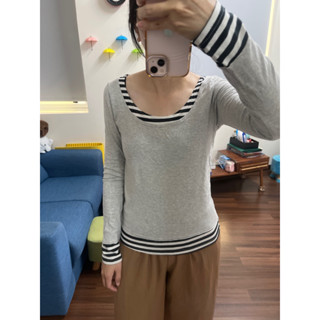 ［公主皮箱-二手］灰拼接黑白橫條假兩件式薄長袖圓領上衣
