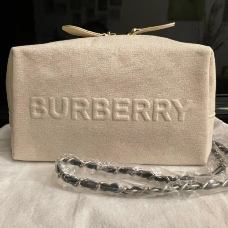 全新正品~BURBERRY VIP贈品包/米色麻布側背包/小廢包/化妝包 議價勿擾