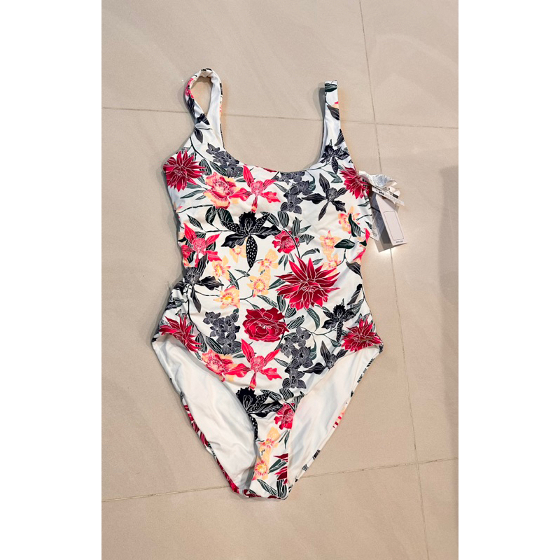 全新ROXY size:L女白底花朵後背綁帶造型連身泳裝泳衣