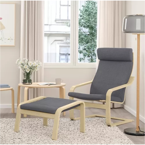 【IKEA宜家家居】POÄNG 躺椅 扶手椅 實木貼皮 樺木/skiftebo-深灰色+附椅凳《二手》