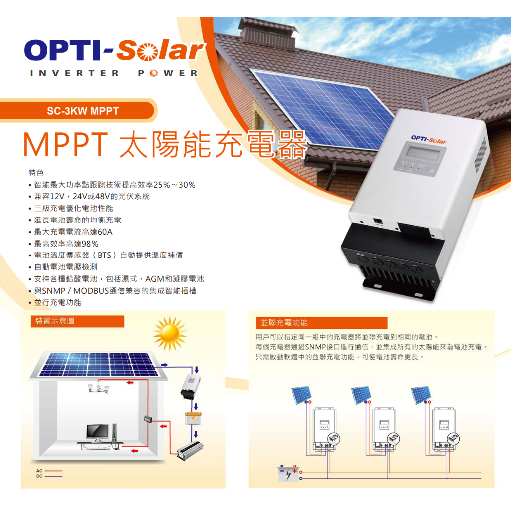 【全電行】OPTI SC-3KW MPPT 60A 太陽能充電器 智能最大功率