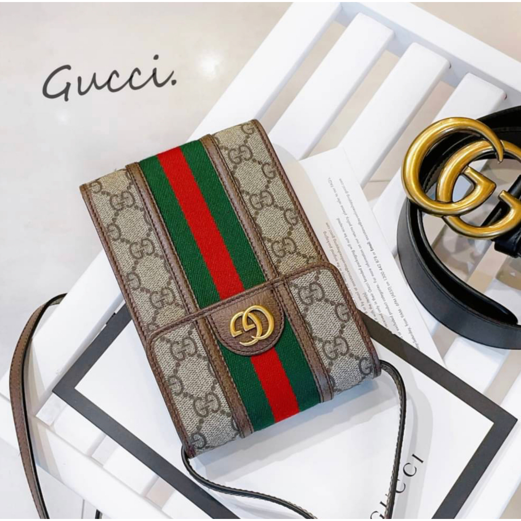 二手旗艦 Gucci 咖啡色 PVC 掀蓋 OPHIDIA 綠紅綠織帶 手機包 斜背包(中友店)