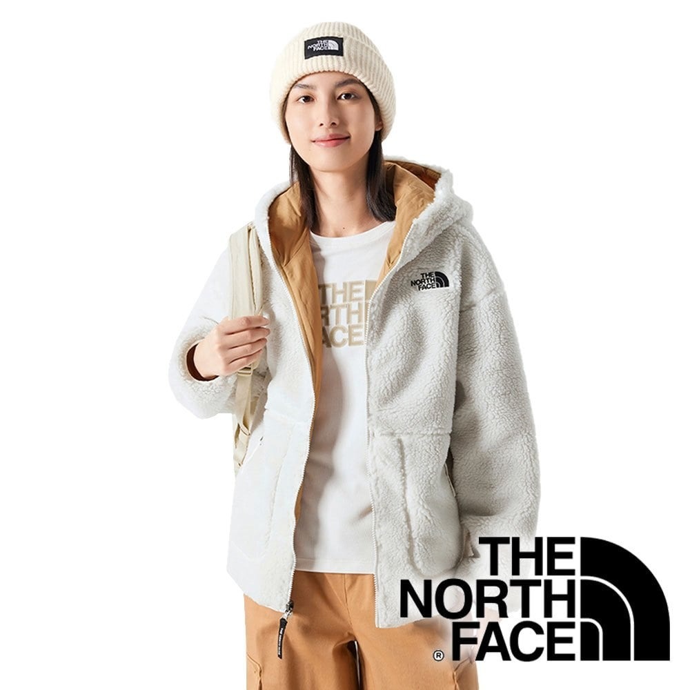 【THE NORTH FACE 美國】女刷毛連帽雙面外套『卡其/白』NF0A81S8
