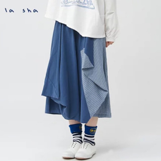 a la sha「全新、藍M」Q咪拼接條紋創意褲裙