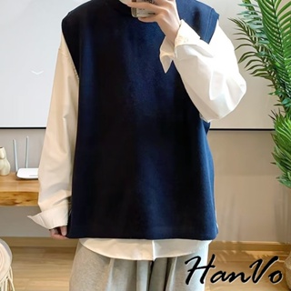 【HanVo】男款韓系針織寬鬆開岔背心 時尚潮流舒適柔軟保暖百搭 韓系穿著 男生衣著 B8009