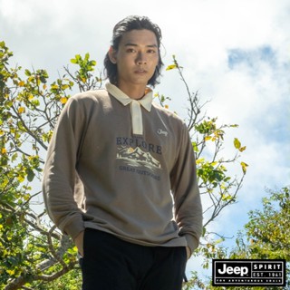 JEEP 男裝 山岳圖騰印花長袖POLO衫-咖啡色