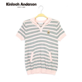 全新-Kinloch Anderson-金安德森-小熊條紋連帽短袖針織上衣 金安德森女裝(灰X粉)(附實拍照）