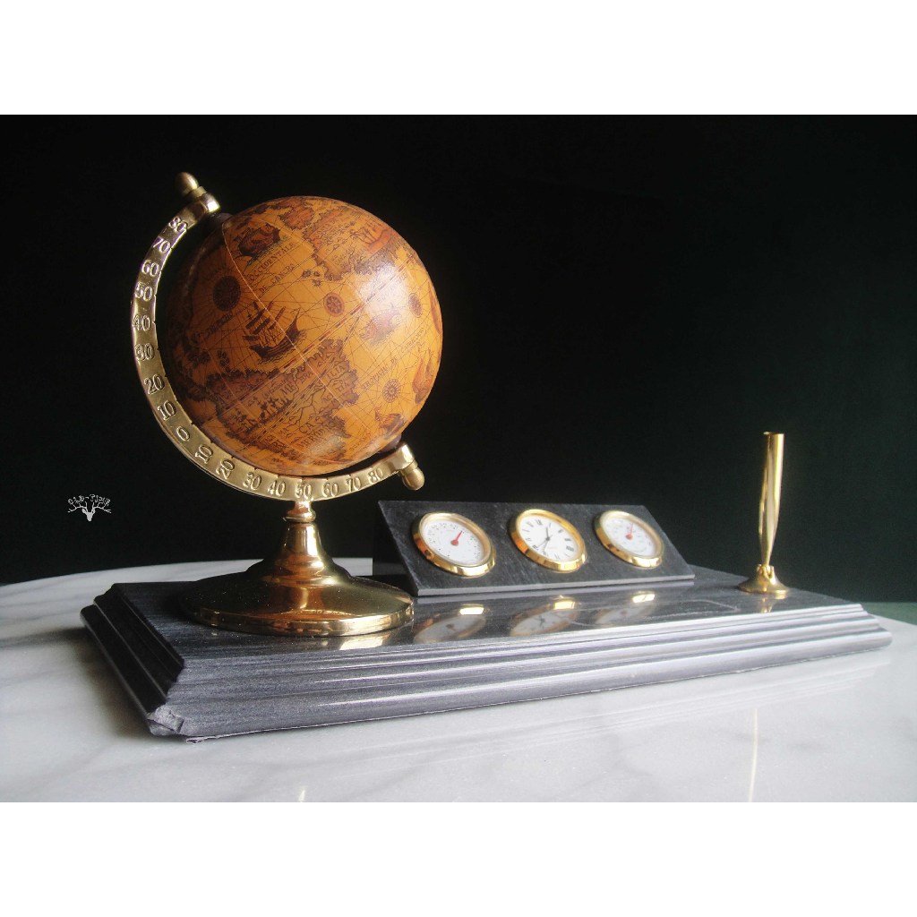 【老時光】早期二手台灣製大理石座地球儀時鐘文具筆收納組