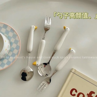 鴨子餐具批發 不銹鋼陶瓷勺子雪糕勺湯勺批發水果叉勺子高顏值