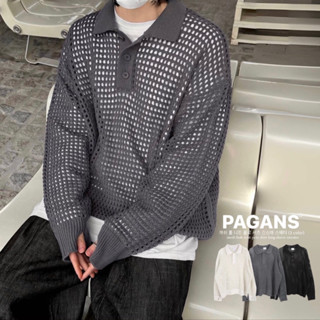 【PAGANS STORE】韓國 網眼 洞洞 針織 polo衫 襯衫 翻領 忍者袖 上衣 長袖 毛衣 (3 color)