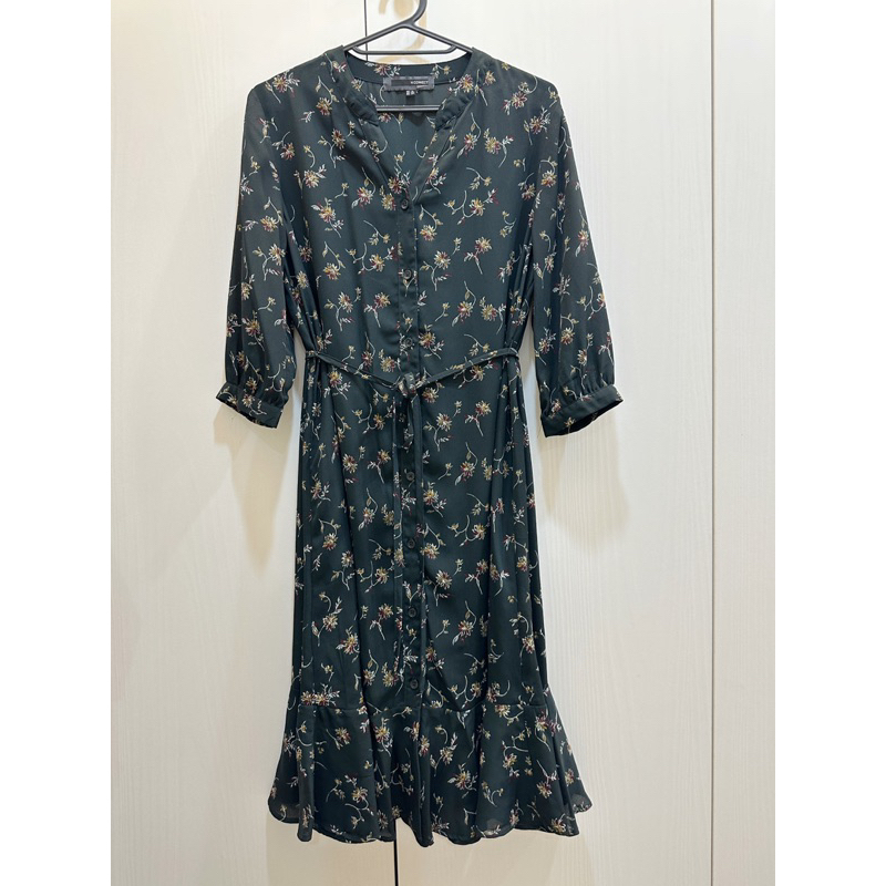 韓國品牌H：CONNECT墨綠色碎花雪紡襯衫式七分袖小魚尾洋裝