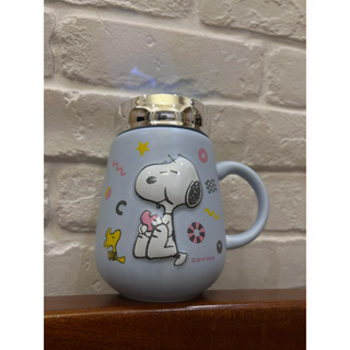 SNOOPY 史努比正版 小時光浮雕陶瓷鏡面蓋杯550ml