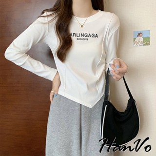 【HanVo】簡約字母下擺不規則設計上衣 側邊抽繩百搭短版上衣 韓系女裝 女生衣著 A02-1965