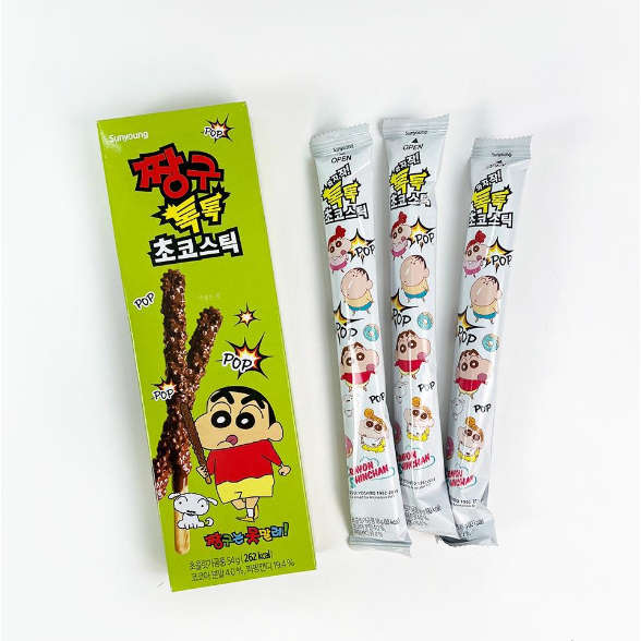 好吃好喝 § 韓國 Sunyoung 蠟筆小新 巧克力 跳跳糖 可可棒 巧克力棒 牛奶巧克力棒 牛奶 餅乾 57g