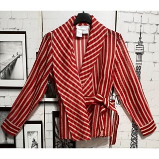 Max Mara 義大利品牌義大利製紅+米白色相間直條紋100%SILK透膚翻領穿帶設計長袖罩衫上衣
