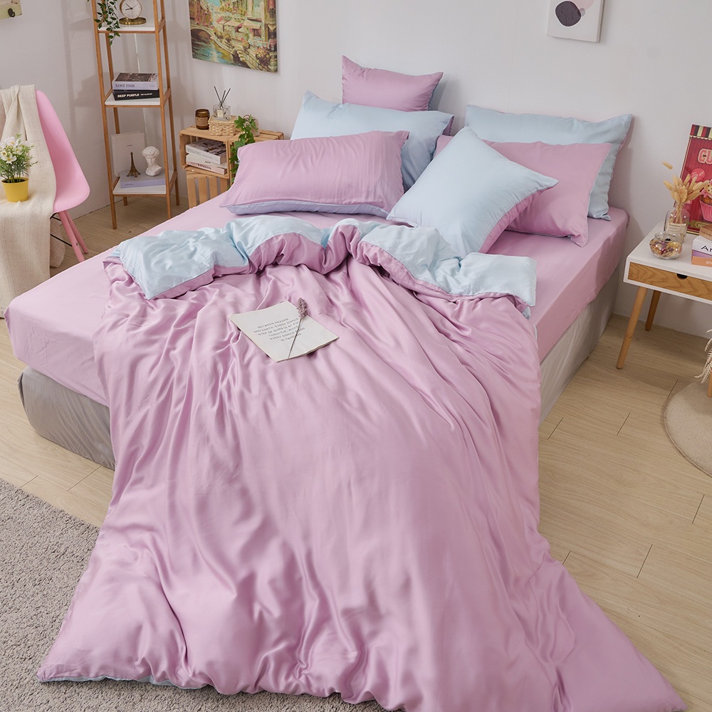 戀家小舖 台灣製床包 單人床包 床單 霧光紫 100%天絲 床包枕套組 床高35cm 60支天絲 素色