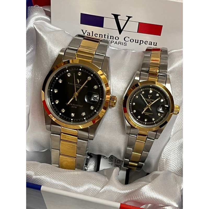 【天龜】Valentino Coupeau  范倫鐵諾 黑面晶鑽雙色帶不鏽鋼殼帶防水男女手錶