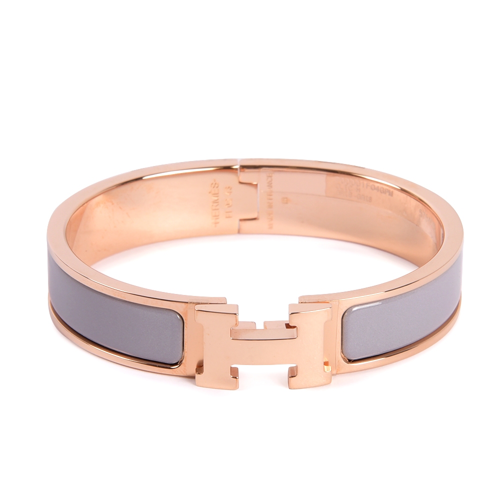HERMES Clic H LOGO琺瑯細版扣式手環(灰/玫金)371001-8｜GoBrand購名牌