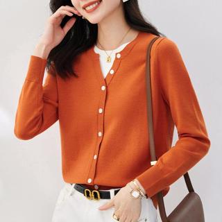 衣時尚上衣 外套 針織衫 毛線衣 新款落日橘假兩件短款針織開襟毛衣內搭打底上衣T204-2835.