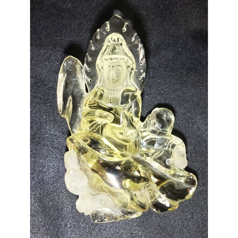 天然水晶黃水晶雕刻自在觀音送瑪瑙蓮花